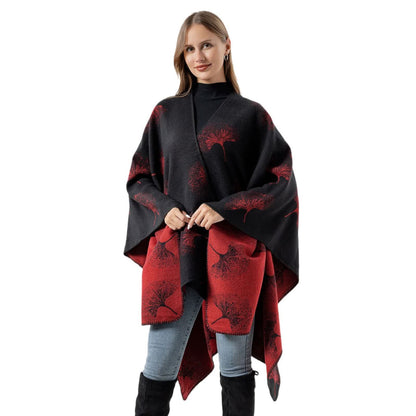 Ownkoti Luxurious Ginkgo Leaf Travel Shawl Cape - Black & Red - 51" x 59" - image 3