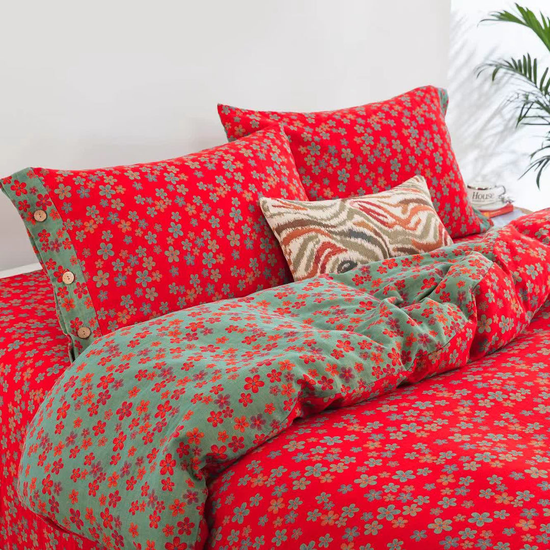Floral Button Cotton Gauze Doona Covers Bedding Set (4PCS)
