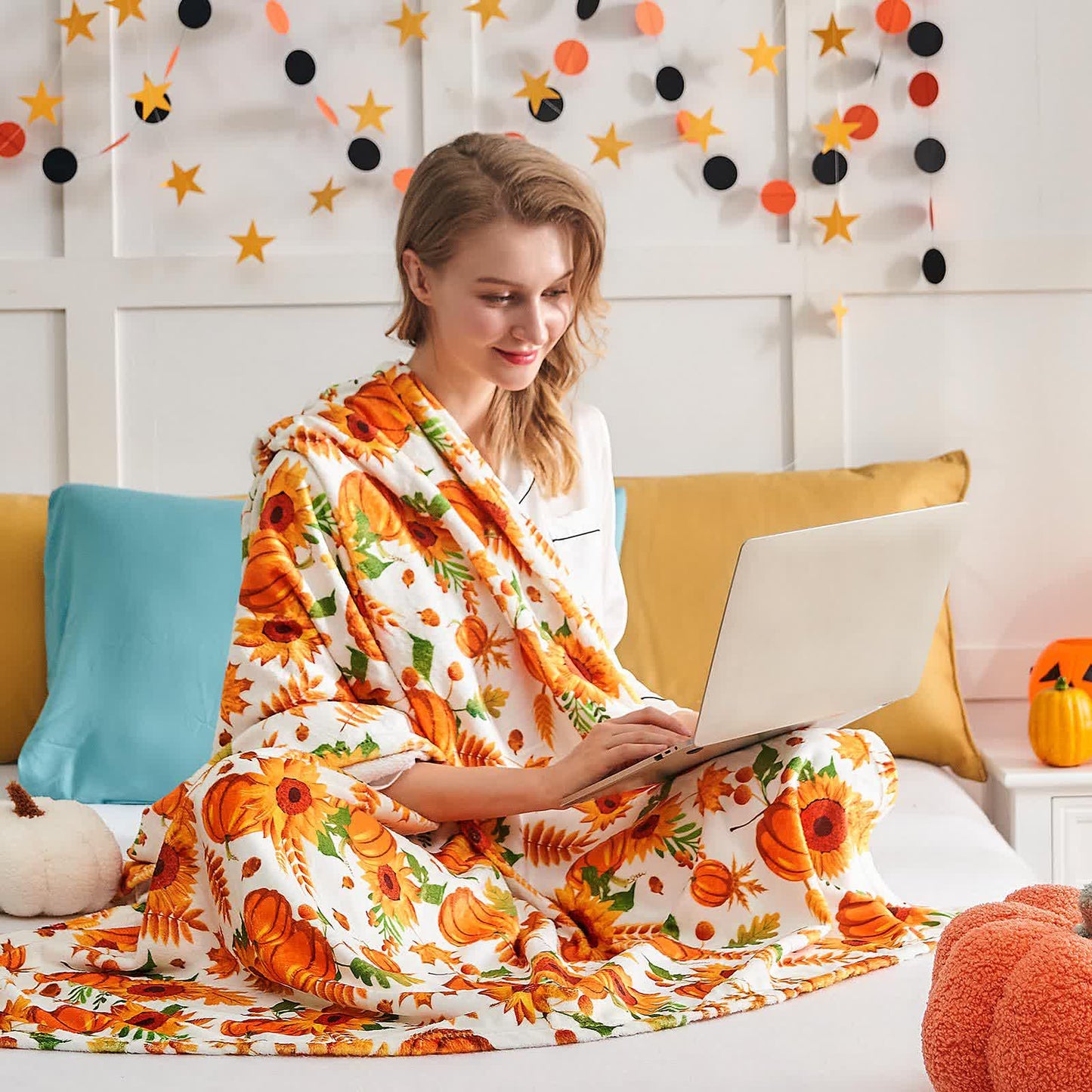 Halloween Pumpkin Sunflower Flannel Blanket