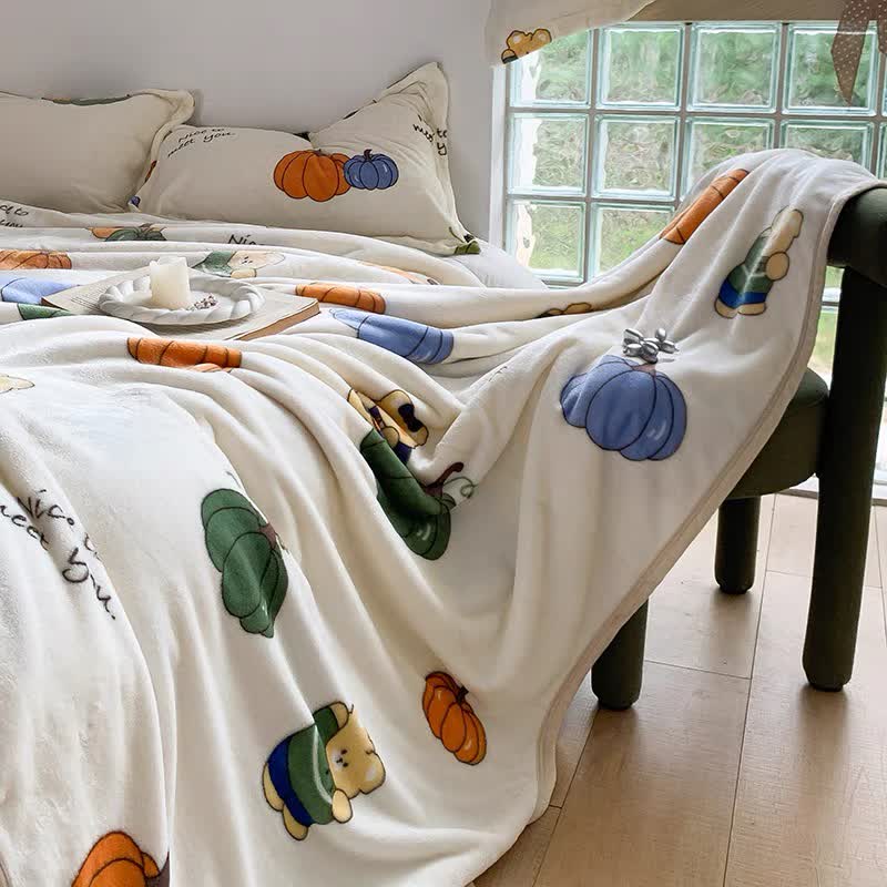 Cartoon Pumpkin Cute Bear Flannel Blanket