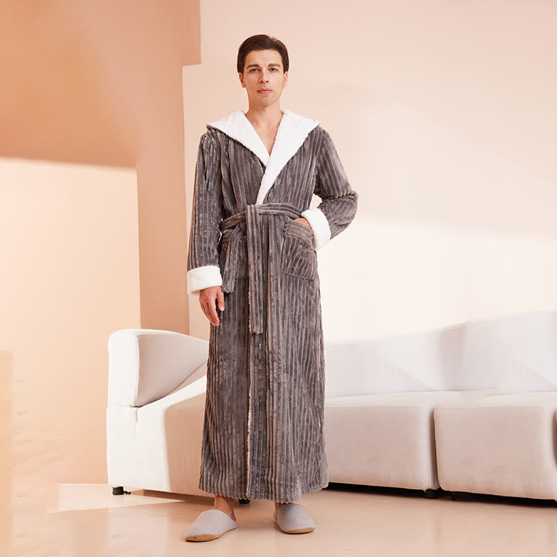 Vertical Line Texture Fleece Long Bathrobe