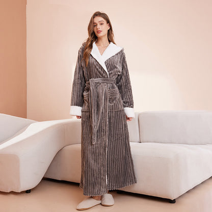 Vertical Line Texture Fleece Long Bathrobe