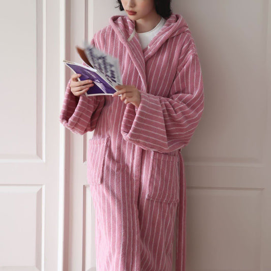 Long Staple Cotton Striped Hooded Bathrobe