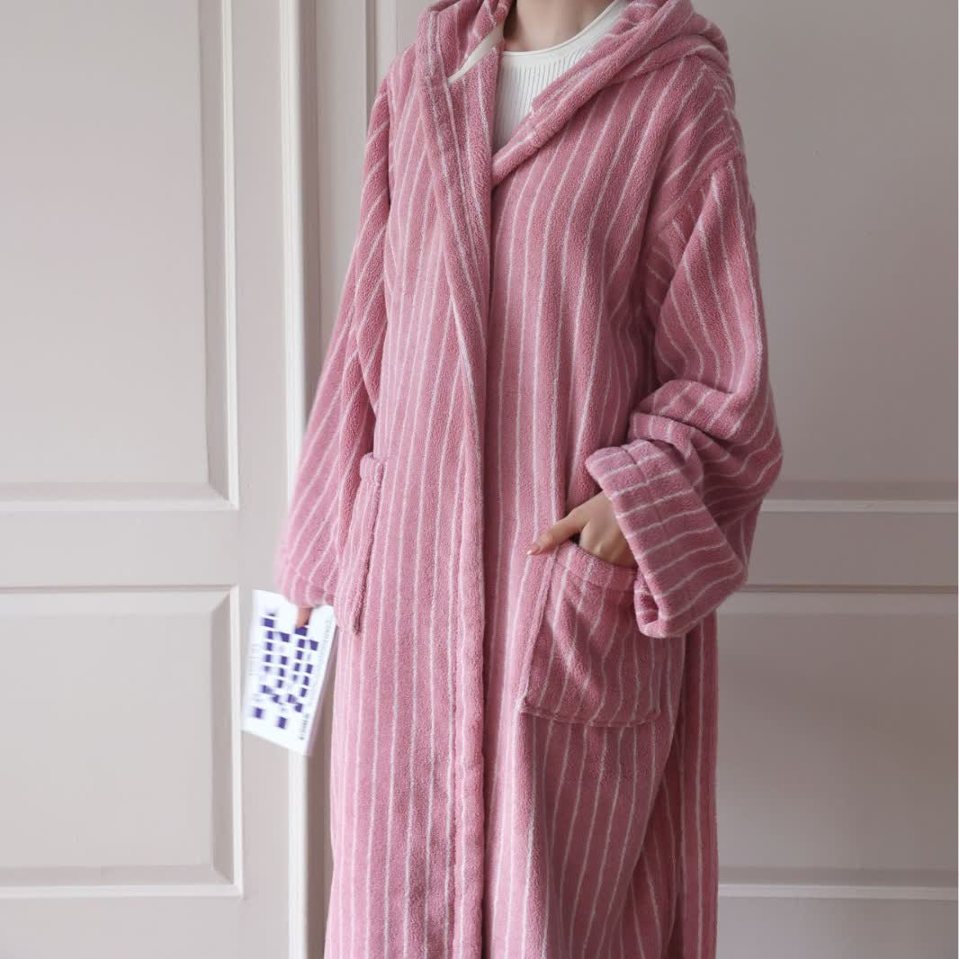 Long Staple Cotton Striped Hooded Bathrobe