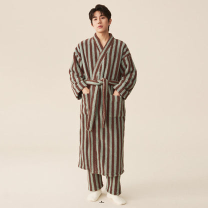 Winter Fleece Modern Stripe Long Bathrobe - Bathrobe with pants - Mint Green & Brown - Men L - image 5