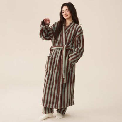 Winter Fleece Modern Stripe Long Bathrobe - Bathrobe with pants - Mint Green & Brown - Women M - image 5