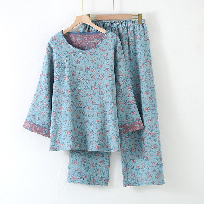 Round-neck Jacquard Flower Cotton Pajama Set