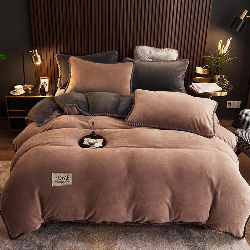 Solid Color Plush Fleece Bedding Set(4PCS) - Brown - 1pc Duvet Cover - King - image 13