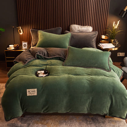 Solid Color Plush Fleece Bedding Set(4PCS) - Dark Green - 1pc Duvet Cover - King - image 8