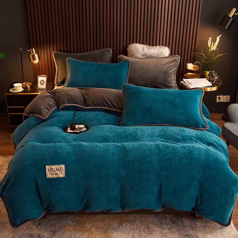 Solid Color Plush Fleece Bedding Set(4PCS) - Peacock Blue - 1pc Duvet Cover - King - image 7