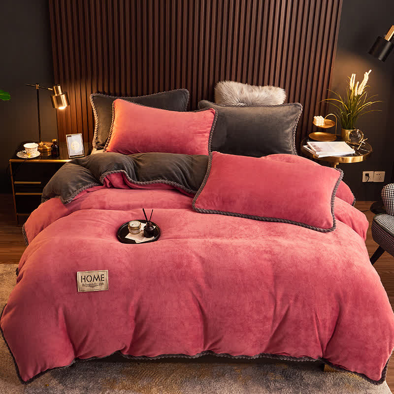 Solid Color Plush Fleece Bedding Set(4PCS) - Red Bean Paste - 1pc Duvet Cover - King - image 10