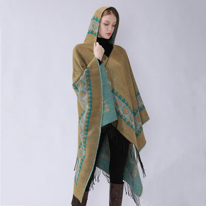 Hooded Tassel Travel Shawl Cape