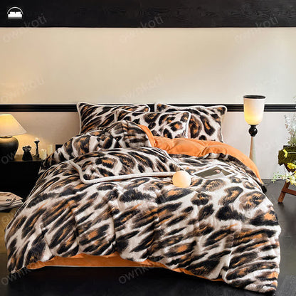 Leopard Soft Flannel Warm Bedding Set(4PCS)