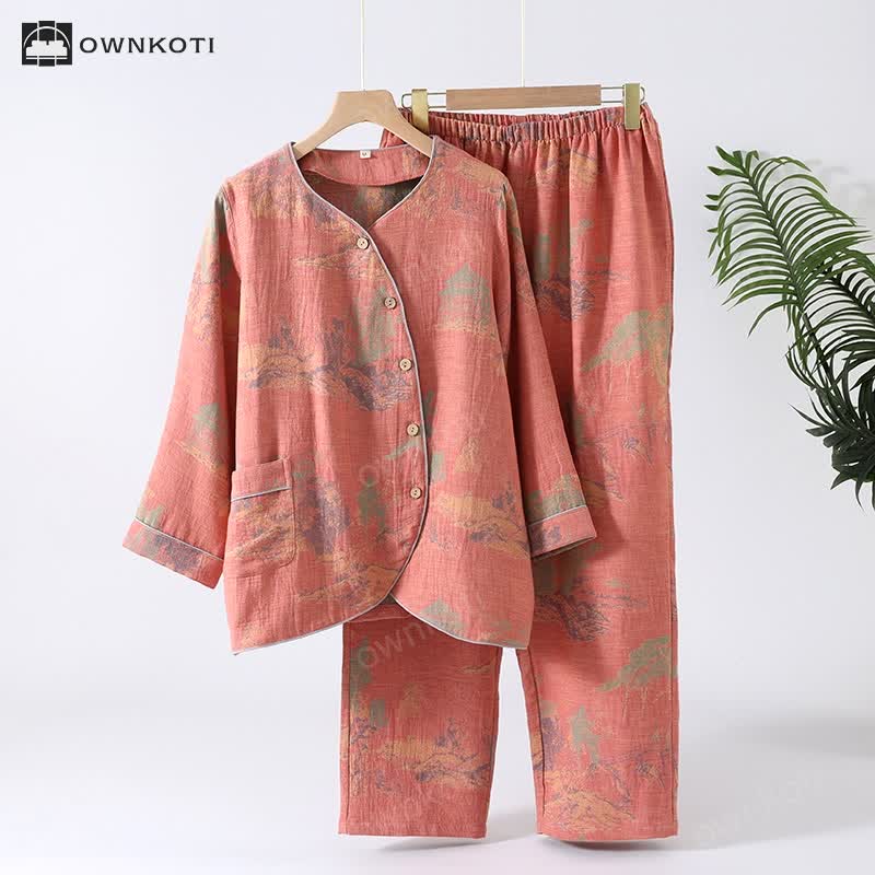 Cotton Gauze Long-sleeve Jacquard Pajama Set