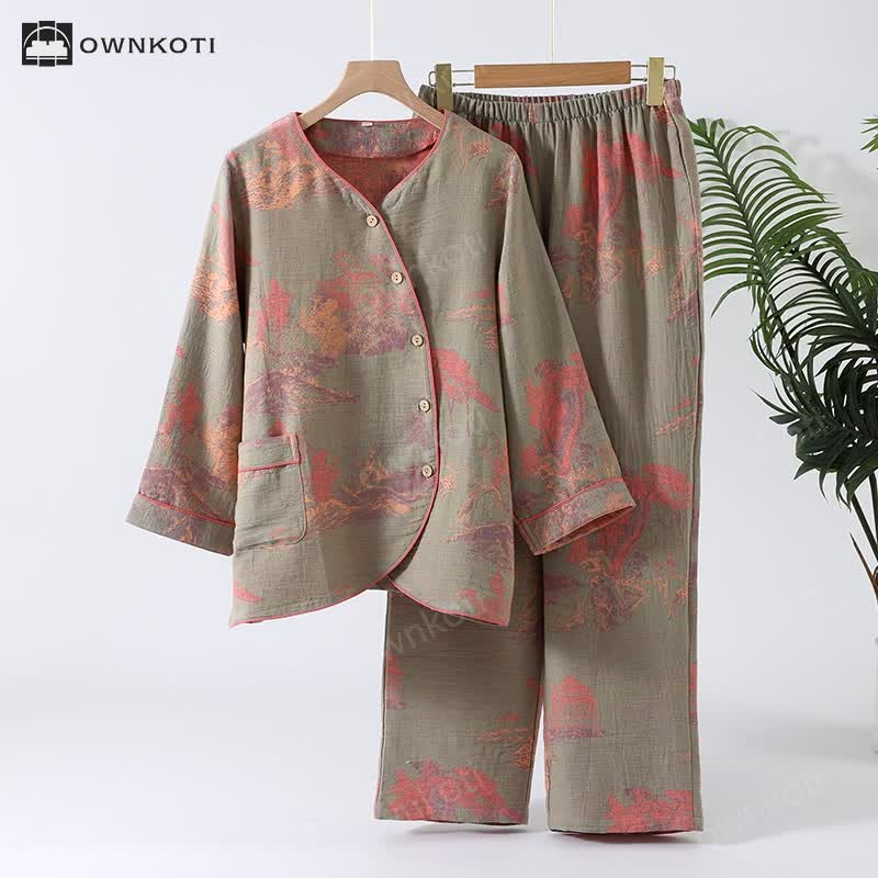 Cotton Gauze Long-sleeve Jacquard Pajama Set