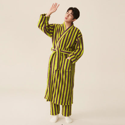 Winter Fleece Modern Stripe Long Bathrobe - Bathrobe with pants - Green & Purple - Men XXL - image 8