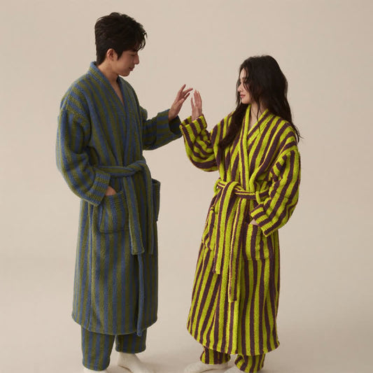 Winter Fleece Modern Stripe Long Bathrobe