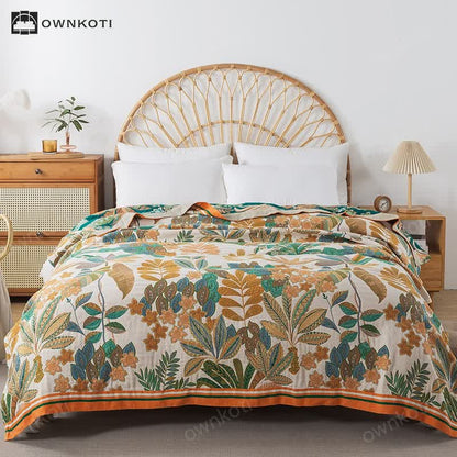 Palm Leaf Cotton Gauze Reversible Quilt