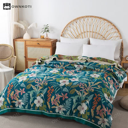 Lightweight Cotton Gauze Jacquard Floral Blanket