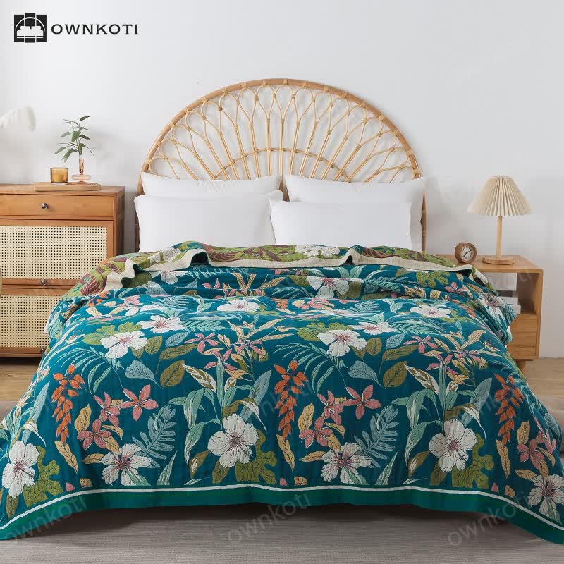 Lightweight Cotton Gauze Jacquard Floral Blanket