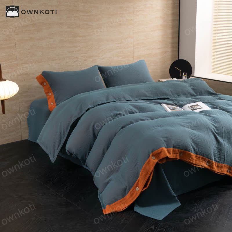 Cotton Gauze Solid Color Button Bedding Set (4PCS)