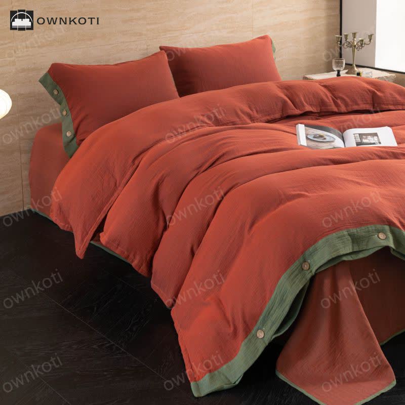 Cotton Gauze Solid Color Button Bedding Set (4PCS)