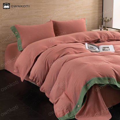 Cotton Gauze Solid Color Button Bedding Set (4PCS)