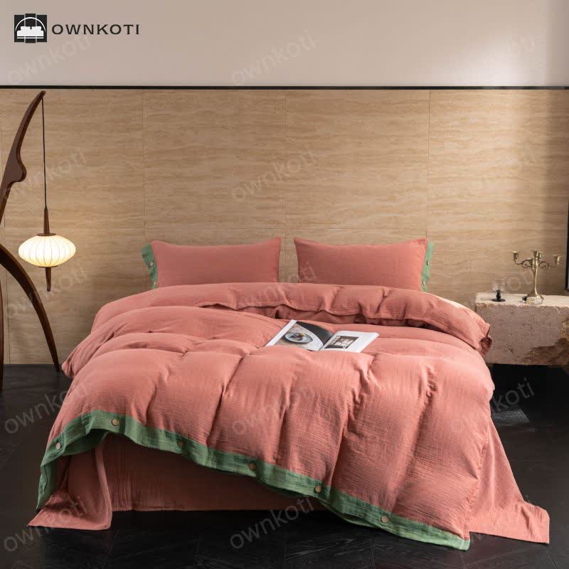 Cotton Gauze Solid Color Button Bedding Set (4PCS)