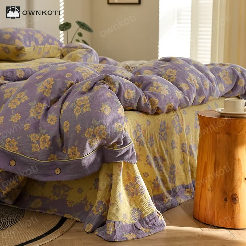 Jacquard Floral Button Cotton Gauze Bedding Set (4PCS)