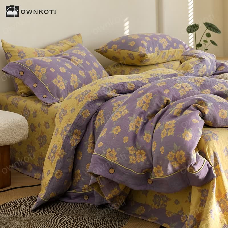 Jacquard Floral Button Cotton Gauze Bedding Set (4PCS)