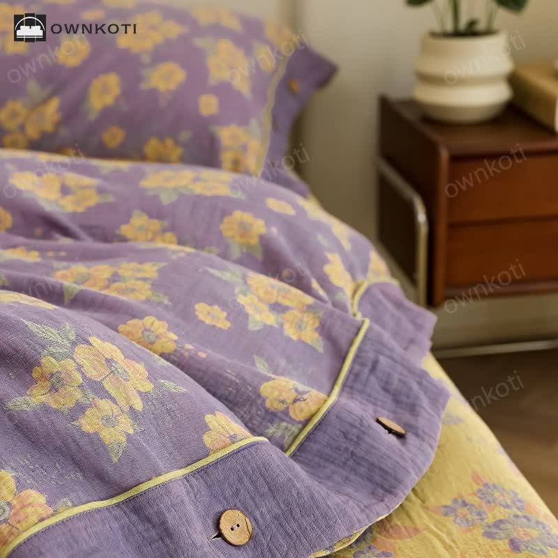 Jacquard Floral Button Cotton Gauze Bedding Set (4PCS)