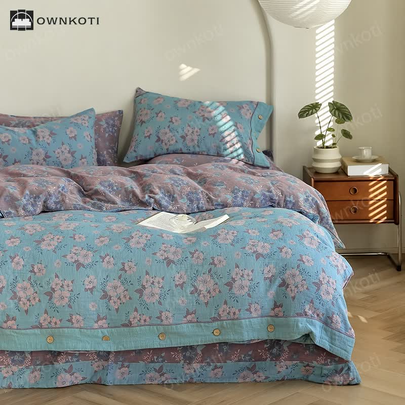 Jacquard Floral Button Cotton Gauze Bedding Set (4PCS)