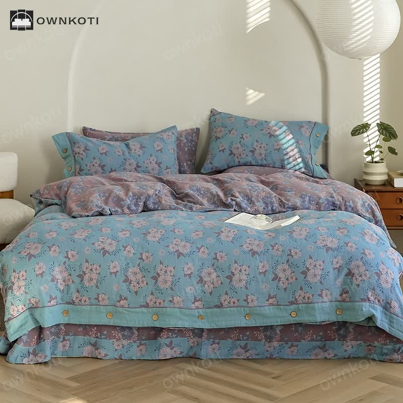 Jacquard Floral Button Cotton Gauze Bedding Set (4PCS)