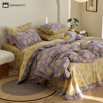 Jacquard Floral Button Cotton Gauze Bedding Set (4PCS)