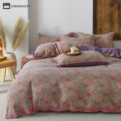 Floral Button Duvet Cover Bedding Set (4PCS)