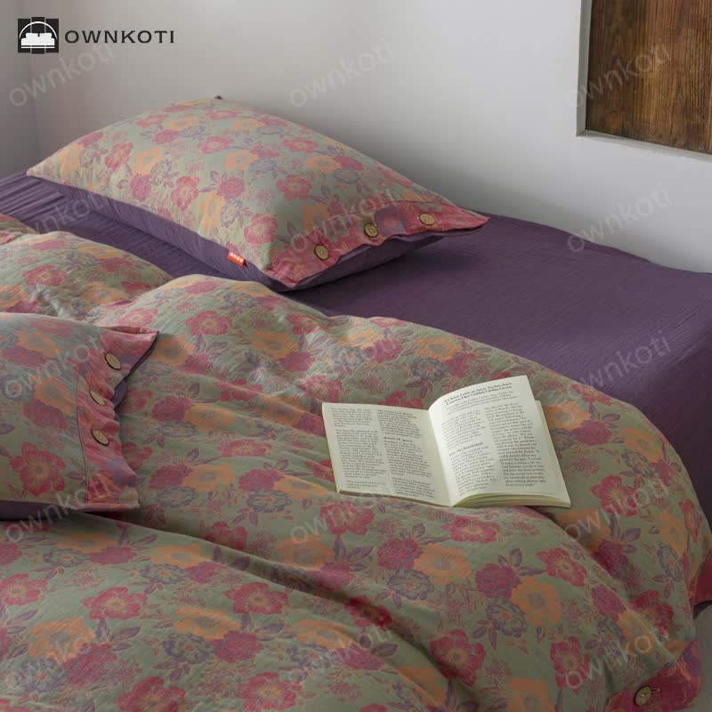 Floral Button Duvet Cover Bedding Set (4PCS)