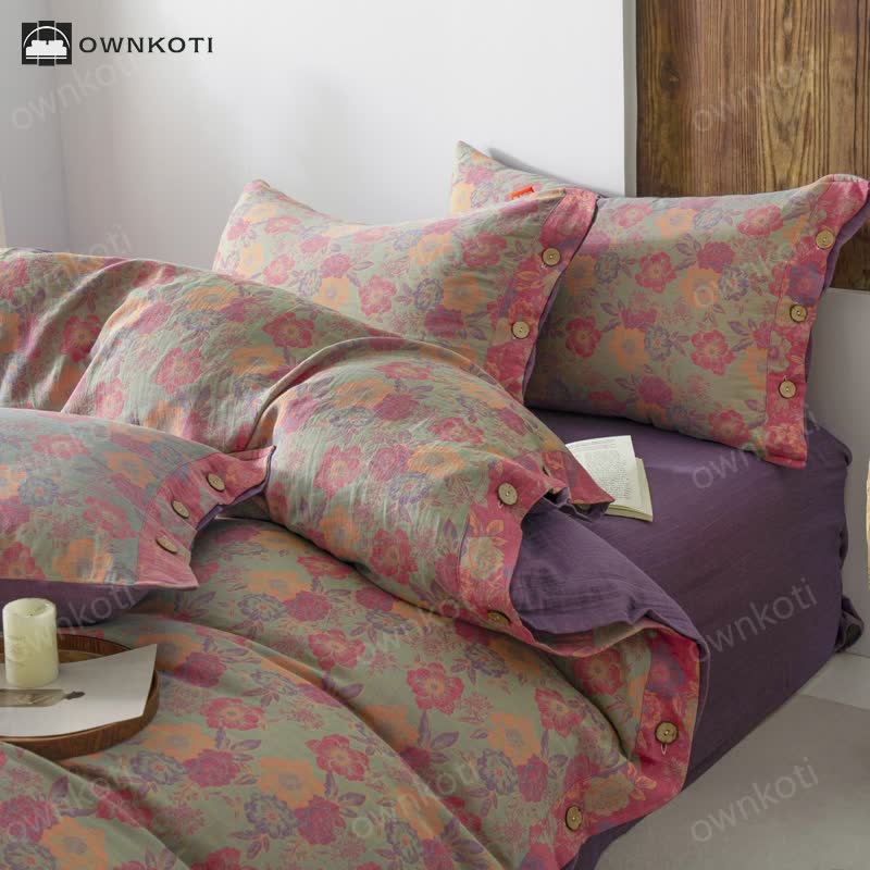 Floral Button Duvet Cover Bedding Set (4PCS)