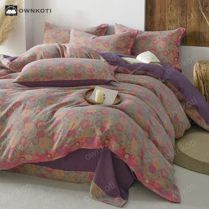 Floral Button Duvet Cover Bedding Set (4PCS)