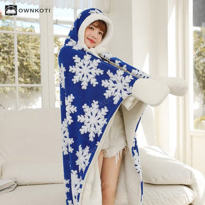 Snowflake Hooded & Gloved Fleece Shawl Blanket