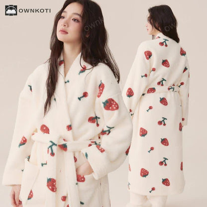 Winter Fleece Strawberry Cherry Long Bathrobe