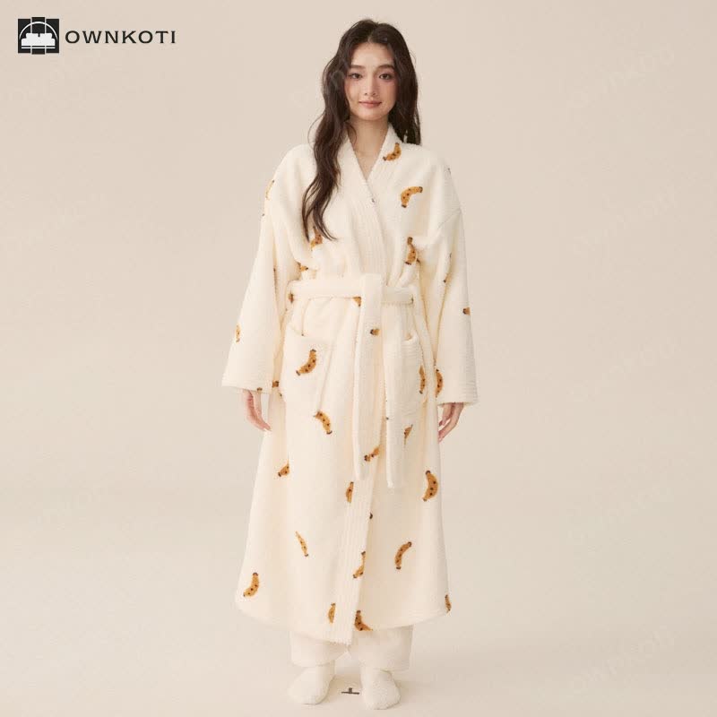 Simple Banana Winter Fleece Long Bathrobe