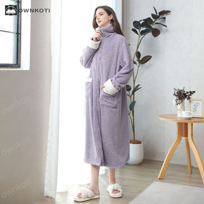 Soft Fleece Warm Zippered Long Nightgown