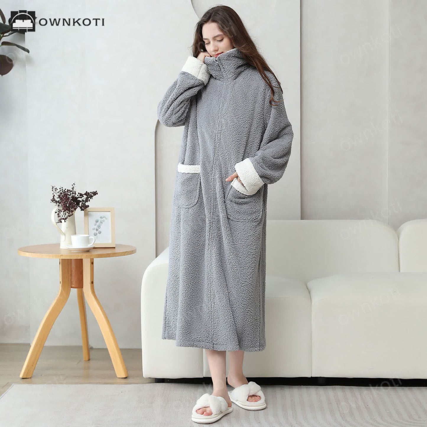 Soft Fleece Warm Zippered Long Nightgown