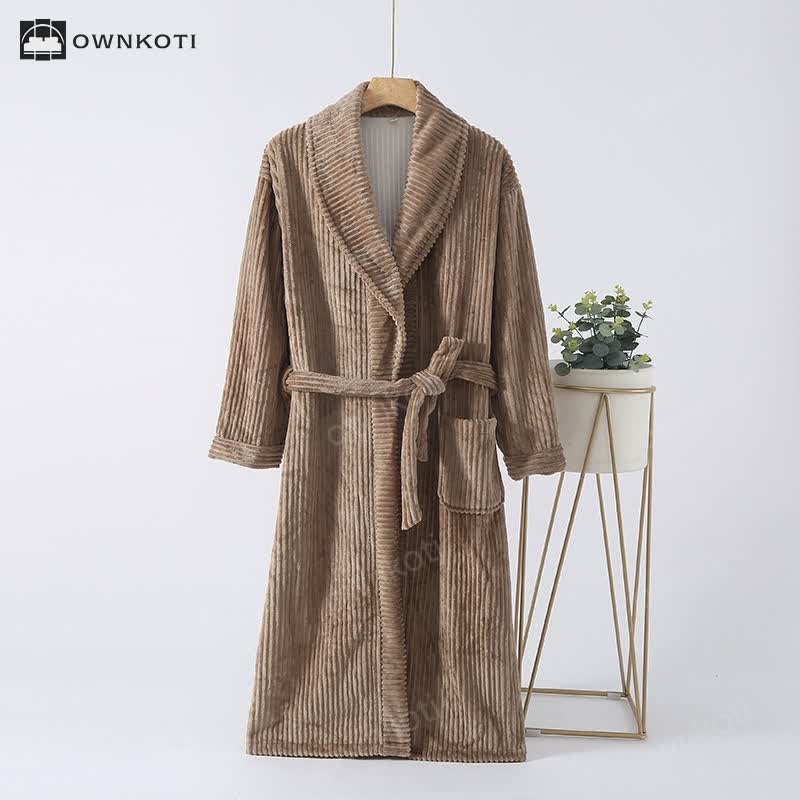 Solid Color Vertical Striped Flannel Bathrobe