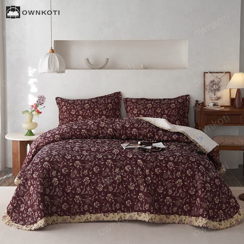 Retro Rose Quilted Cotton Gauze Coverlet