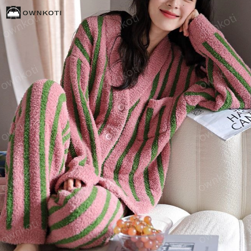 V-neck Striped Fleece Cardigan Pajama Set