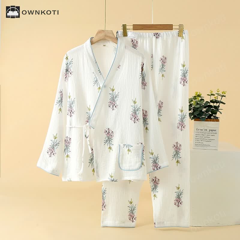 Floral Lily Kimono Cotton Gauze Pajama Set