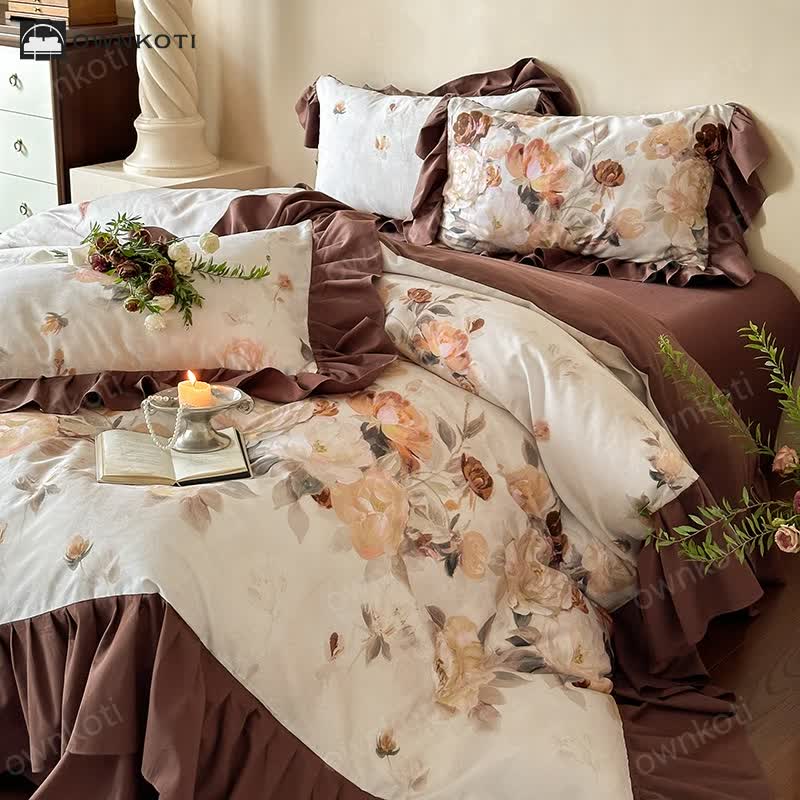 Brushed Cotton Floral Lace Edge Bedding Set (4PCS)