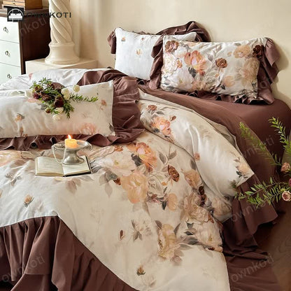 Brushed Cotton Floral Lace Edge Bedding Set (4PCS)