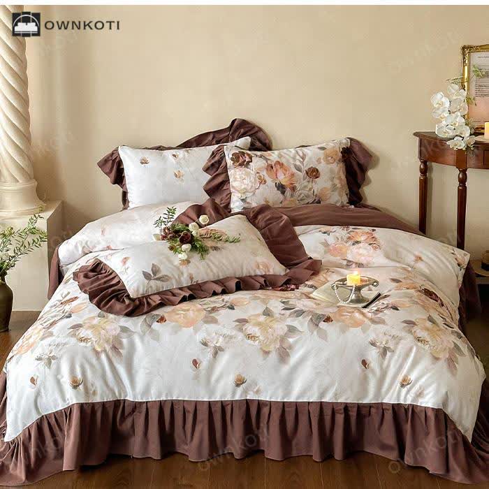 Brushed Cotton Floral Lace Edge Bedding Set (4PCS)